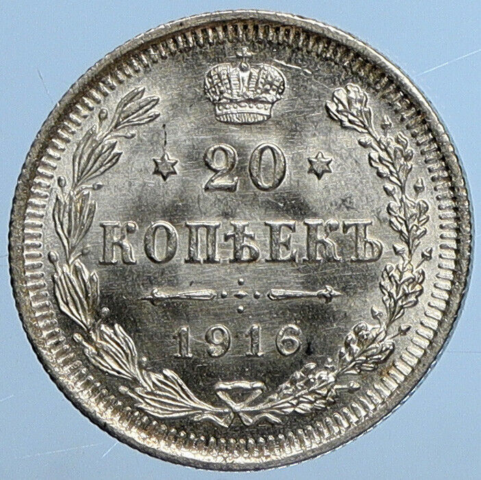 1916 RUSSIA Antique Czar Nicholas II Silver 20 Kopeks RUSSIAN Coin EAGLE i111293