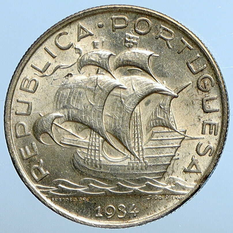 1934 PORTUGAL with PORTUGUESE SAILING SHIP Vintage Silver 5 Escudos Coin i111310