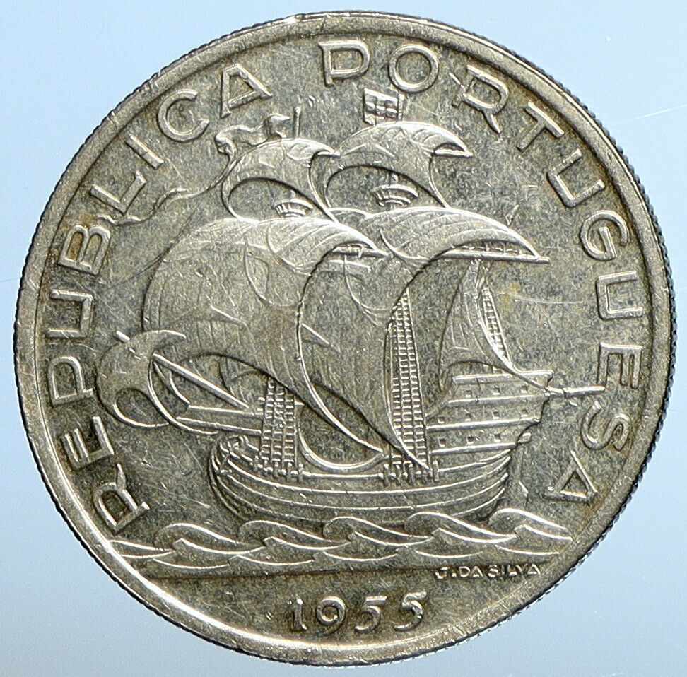 1955 PORTUGAL w PORTUGUESE SAILING SHIP Vintage Silver 10 Escudos Coin i111309