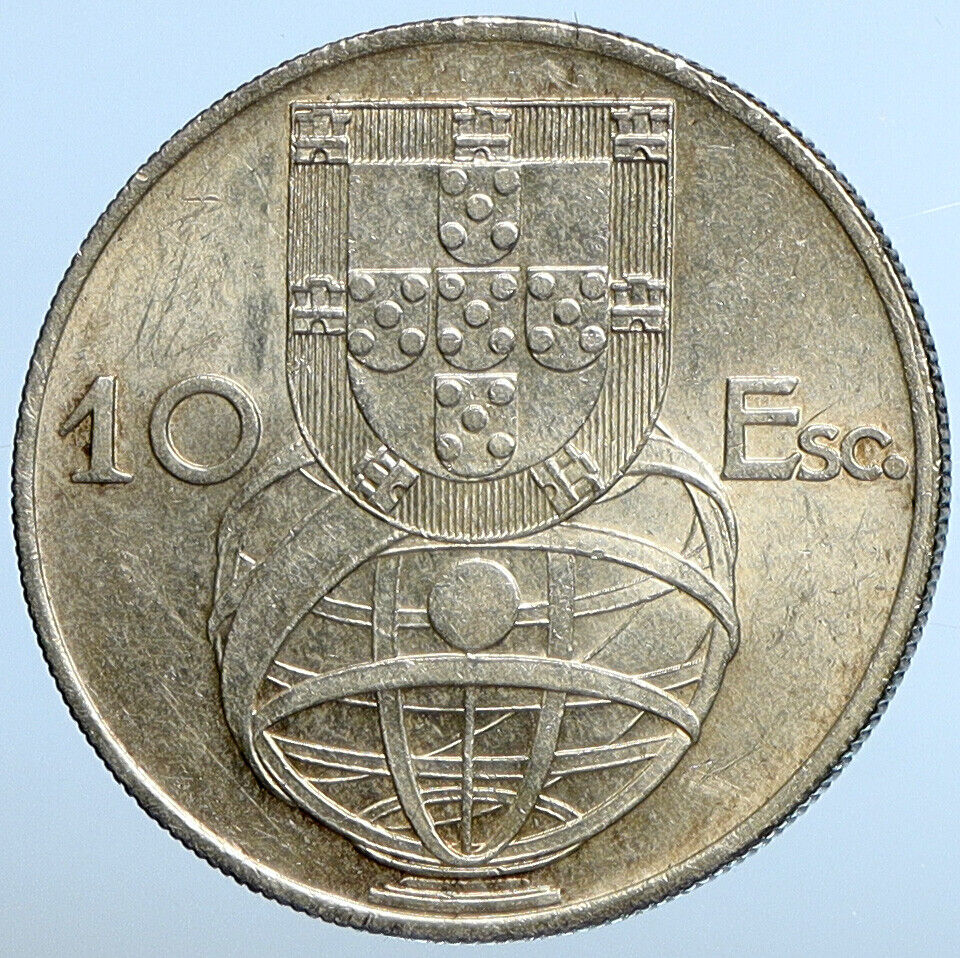 1955 PORTUGAL w PORTUGUESE SAILING SHIP Vintage Silver 10 Escudos Coin i111309