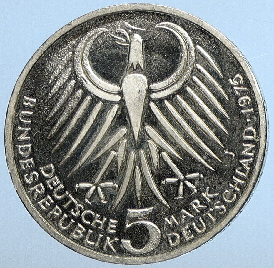 1975 J GERMANY Politician Friedrich Ebert Antique PRF Silver 5 Mark Coin i111285