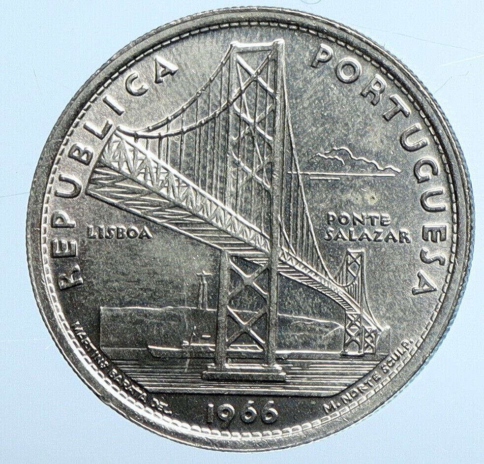 1966 PORTUGAL Opening SALAZAR BRIDGE Vintage Old Silver 20 Escudos Coin i111311