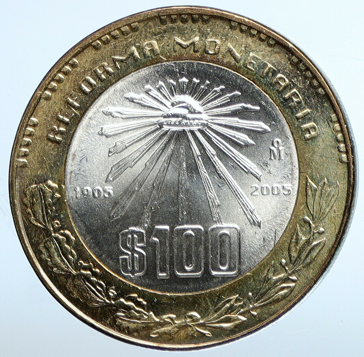 2005 MEXICO 100 Years of MONETARY REFORM Center is Silver 100 Peso Coin i111306