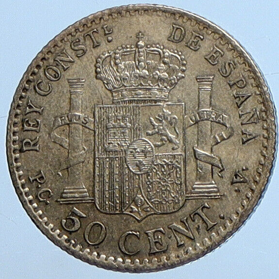 1904 SPAIN Spanish King ALFONSO XIII Antique Silver 50 Centimos Coin i111300