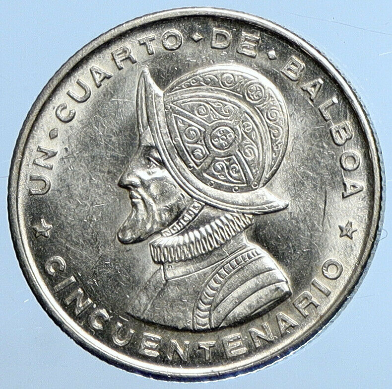 1953 PANAMA Antique VINTAGE Silver Spanish CONQUISTADOR 1/4 Balboa Coin i111320