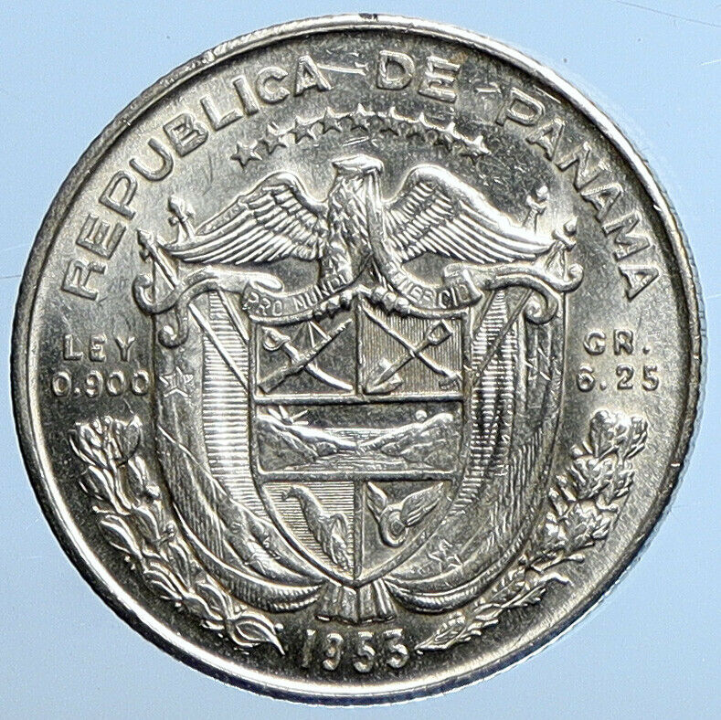 1953 PANAMA Antique VINTAGE Silver Spanish CONQUISTADOR 1/4 Balboa Coin i111320