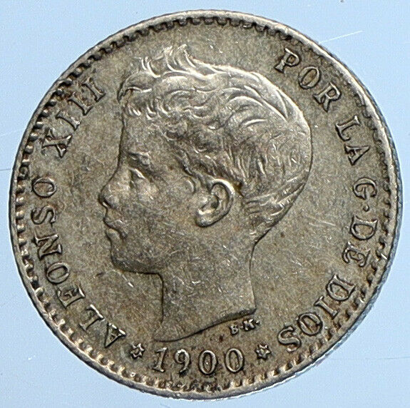 1900 SPAIN Spanish King ALFONSO XIII Antique OLD Silver 50 Centimos Coin i111317