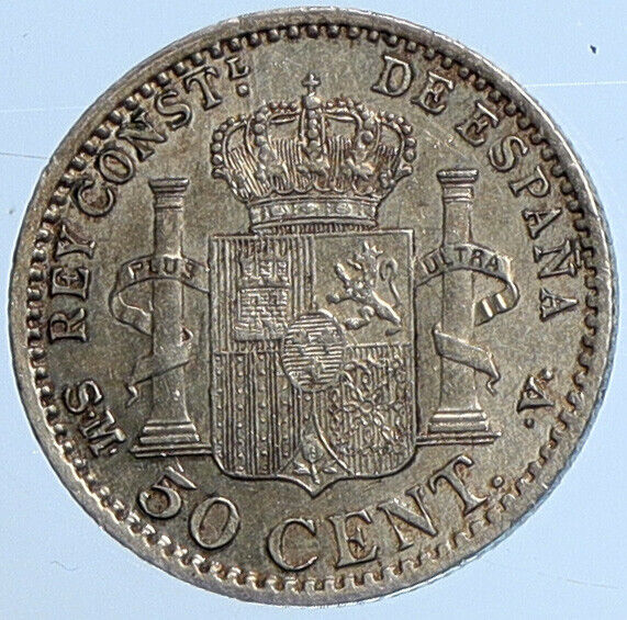 1900 SPAIN Spanish King ALFONSO XIII Antique OLD Silver 50 Centimos Coin i111317