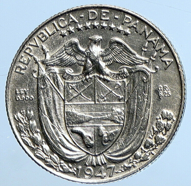 1947 PANAMA Spanish CONQUISTADOR Vintage OLD Silver 1/4 Balboa Coin i111324