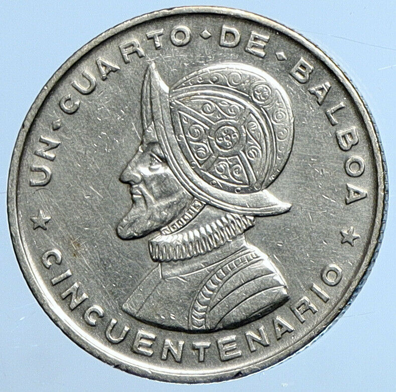 1953 PANAMA Antique VINTAGE Silver Spanish CONQUISTADOR 1/4 Balboa Coin i111322