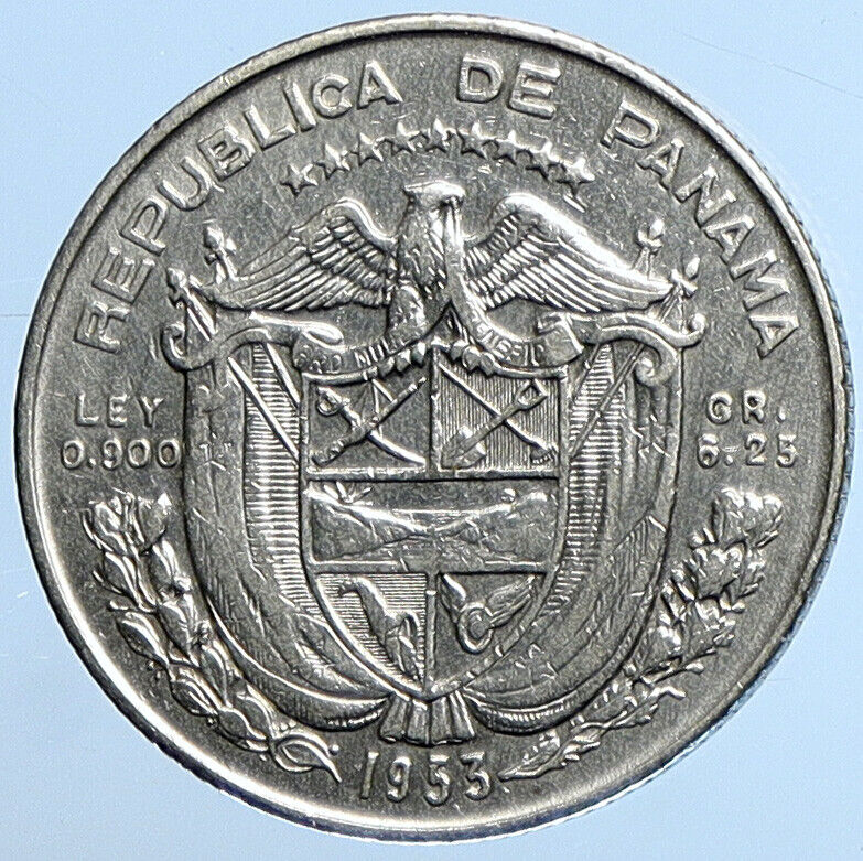 1953 PANAMA Antique VINTAGE Silver Spanish CONQUISTADOR 1/4 Balboa Coin i111322