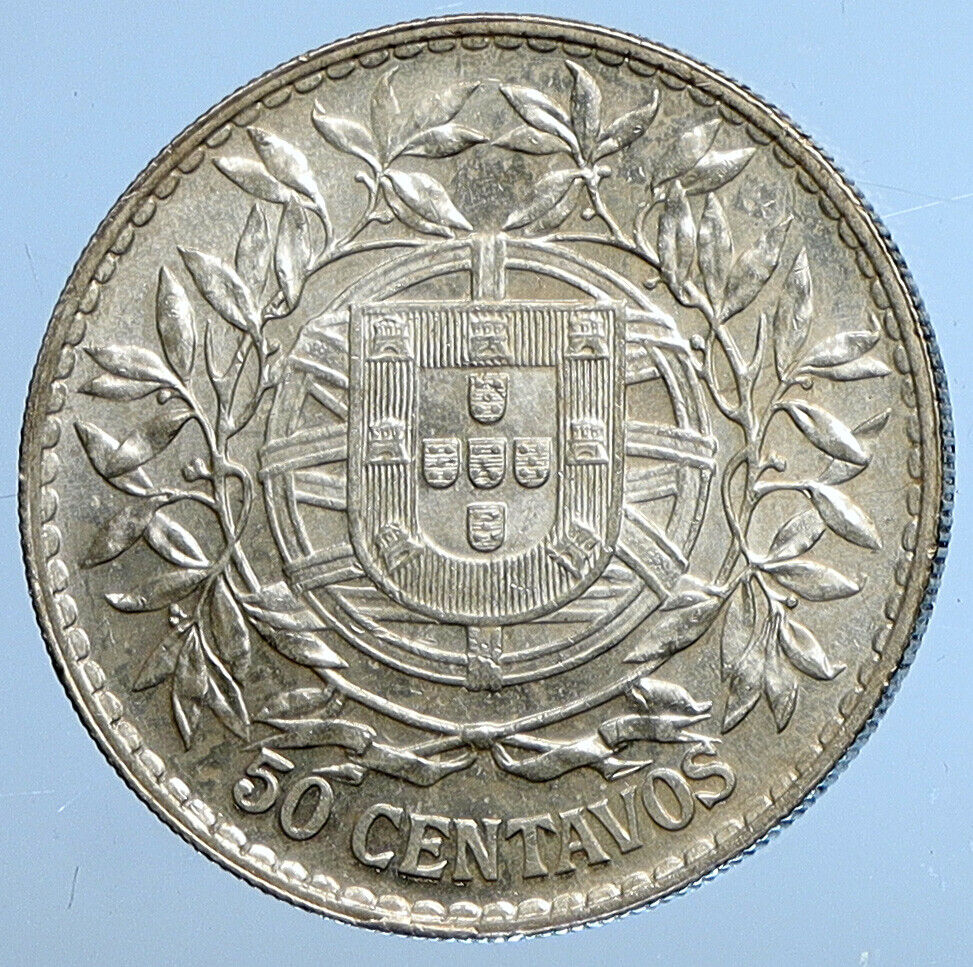 1914 PORTUGAL Antique BIG Silver 50 Centavos PORTUGUESE Coin w LIBERTY i111319