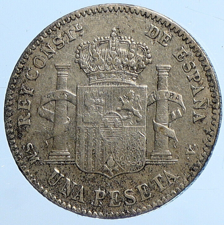 1902 SPAIN King ALFONSO XIII Antique Silver OLD 1 Peseta Spanish Coin i111315