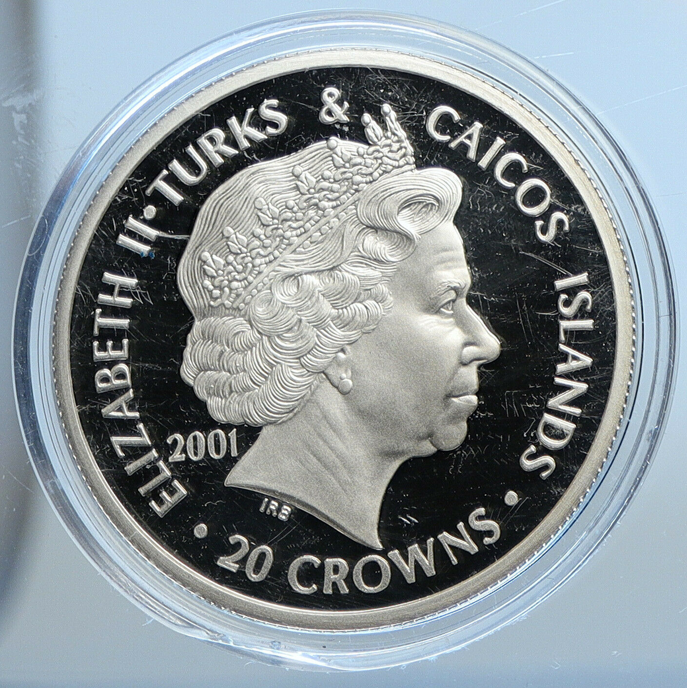 2001 TURKS & CAICOS Young UK Queen Victoria Proof Silver 20 Crown Coin i111346