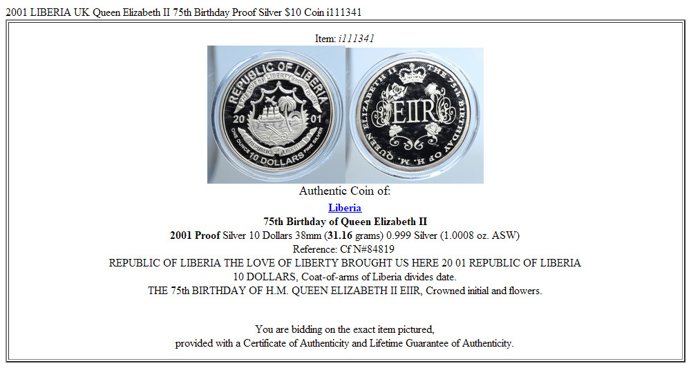 2001 LIBERIA UK Queen Elizabeth II 75th Birthday Proof Silver $10 Coin i111341