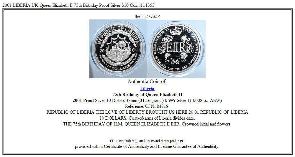 2001 LIBERIA UK Queen Elizabeth II 75th Birthday Proof Silver $10 Coin i111353