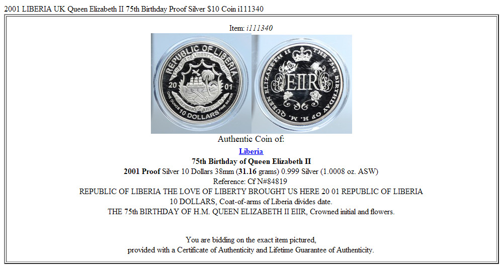 2001 LIBERIA UK Queen Elizabeth II 75th Birthday Proof Silver $10 Coin i111340