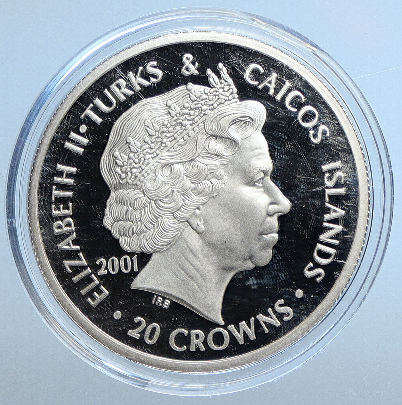 2001 TURKS & CAICOS Young UK Queen Victoria Proof Silver 20 Crown Coin i111358