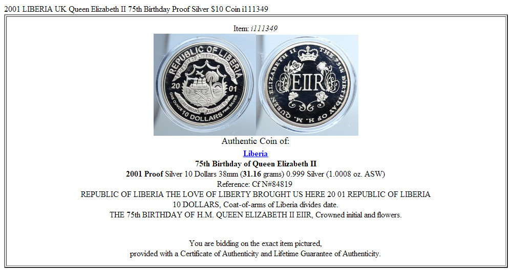 2001 LIBERIA UK Queen Elizabeth II 75th Birthday Proof Silver $10 Coin i111349