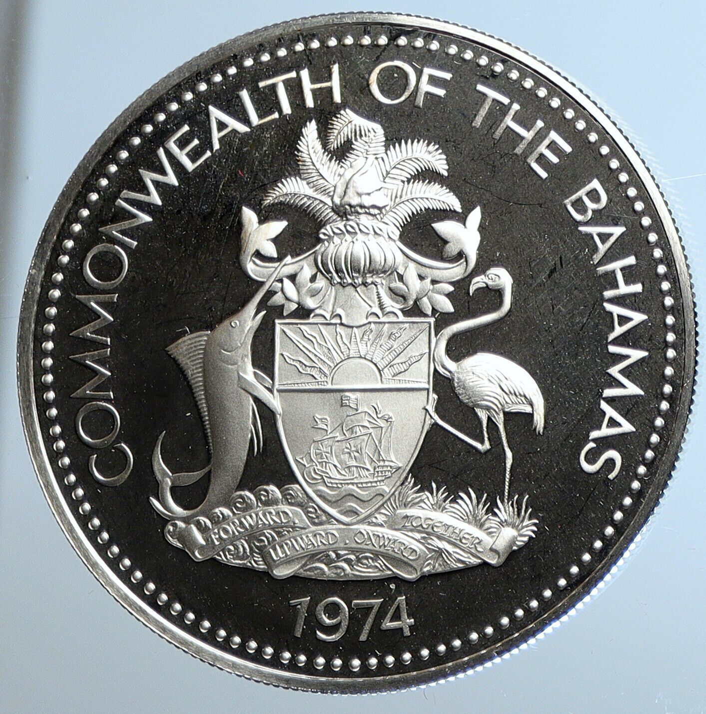 1974 BAHAMAS UK Queen Elizabeth II FLAG Old Proof Silver Coin $5 Coin i111468