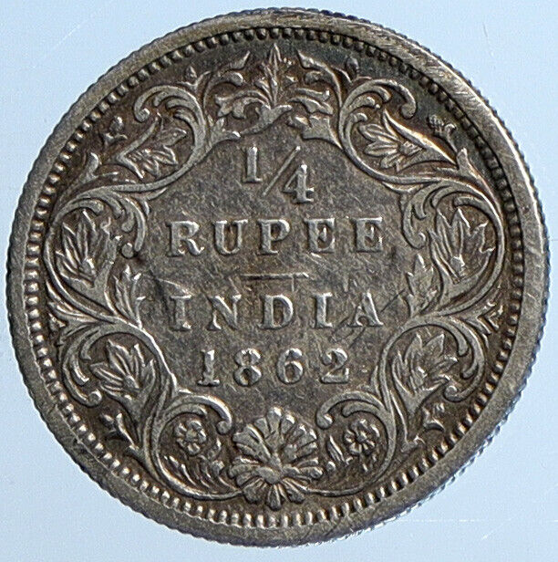 1862 C BRITISH INDIA UK COLONY Queen Victoria OLD Silver 1/4 RUPEE Coin i111380