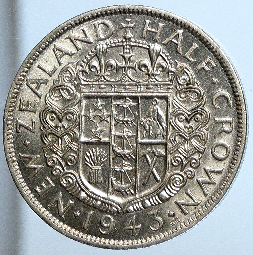 1943 NEW ZEALAND UK King George VI Shield Silver 1/2 Half Crown OLD Coin i111381