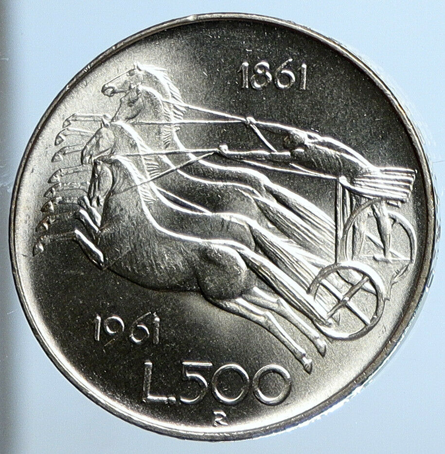 1961 ITALY Rome Capital ITALIAN UNIFICATION CHARIOT Silver 500 Lire Coin i111384