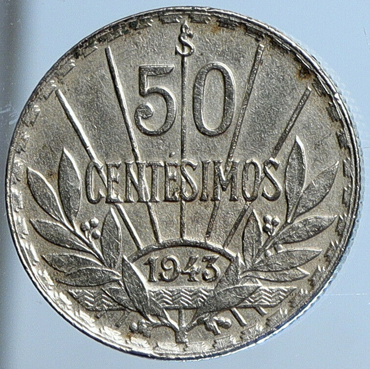 1943 URUGUAY Founding Father Hero ARTIGAS WWII Time Silver 50 Cent Coin i111366