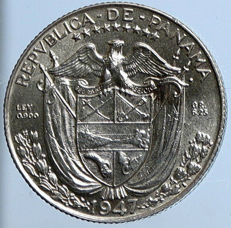 1947 PANAMA Spanish CONQUISTADOR Vintage OLD Silver 1/4 Balboa Coin i111369