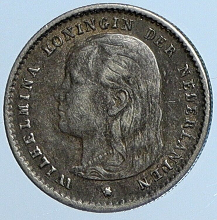 1897 Netherlands Queen WILHELMINA 10 Cents Wreath Authentic Silver Coin i111391