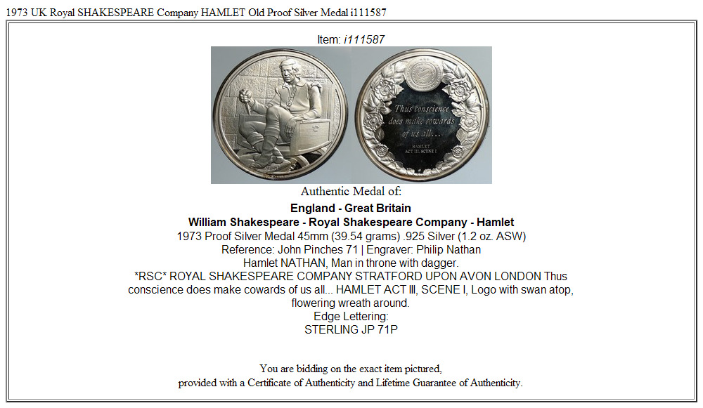 1973 UK Royal SHAKESPEARE Company HAMLET Old Proof Silver Medal i111587