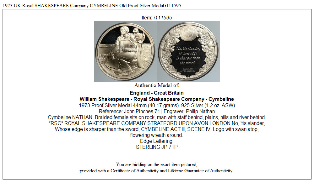 1973 UK Royal SHAKESPEARE Company CYMBELINE Old Proof Silver Medal i111595