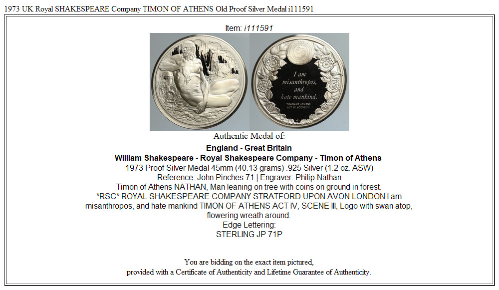 1973 UK Royal SHAKESPEARE Company TIMON OF ATHENS Old Proof Silver Medal i111591