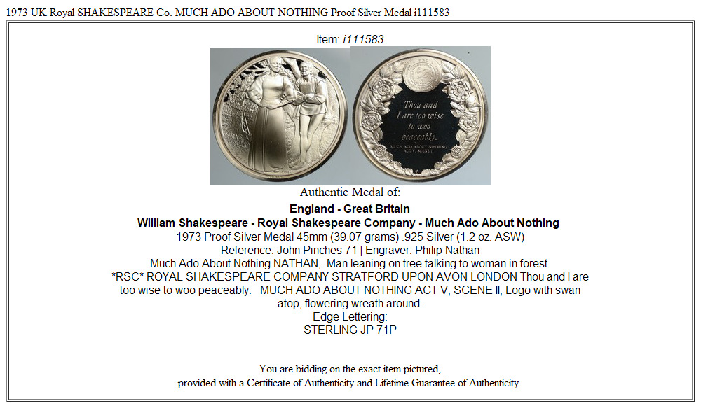 1973 UK Royal SHAKESPEARE Co. MUCH ADO ABOUT NOTHING Proof Silver Medal i111583