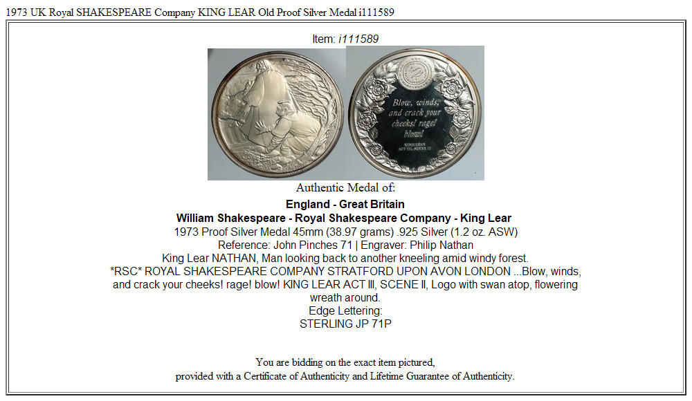 1973 UK Royal SHAKESPEARE Company KING LEAR Old Proof Silver Medal i111589