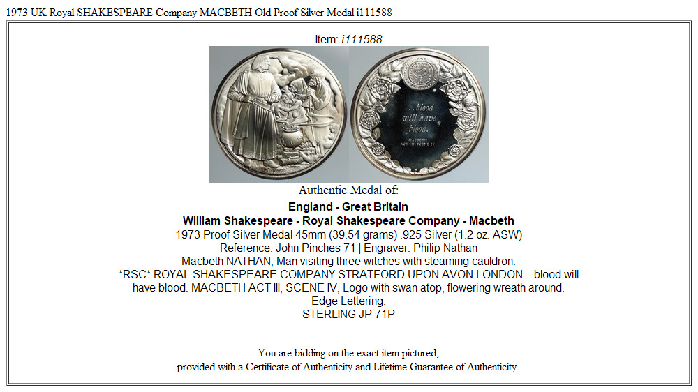 1973 UK Royal SHAKESPEARE Company MACBETH Old Proof Silver Medal i111588