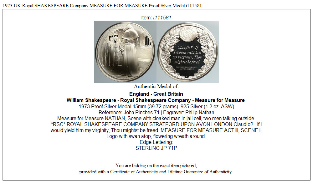 1973 UK Royal SHAKESPEARE Company MEASURE FOR MEASURE Proof Silver Medal i111581