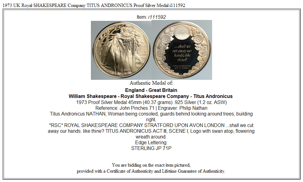 1973 UK Royal SHAKESPEARE Company TITUS ANDRONICUS Proof Silver Medal i111592