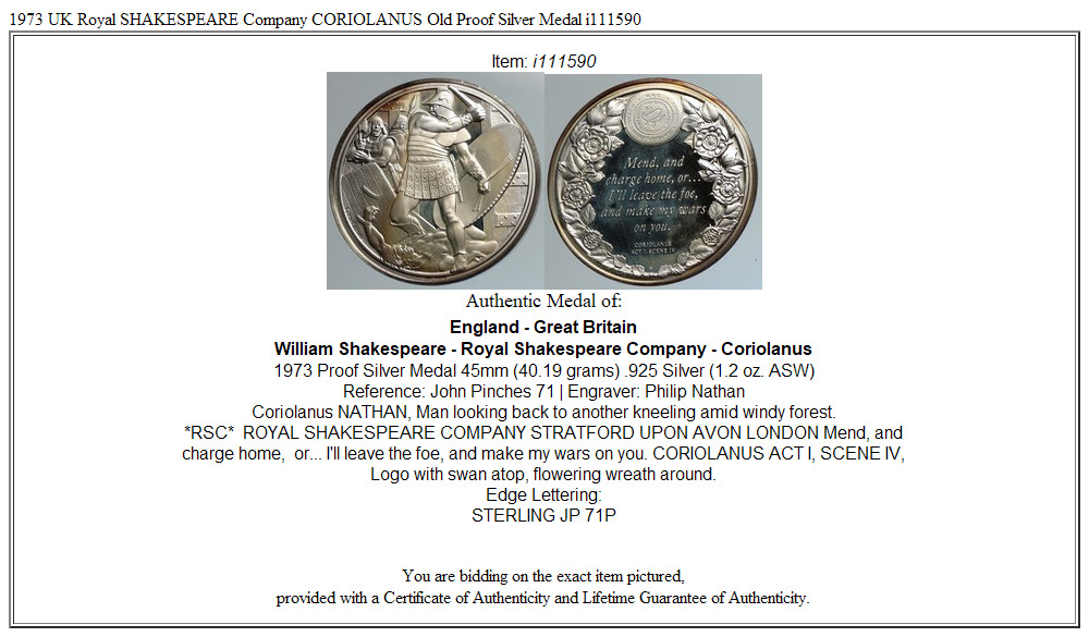 1973 UK Royal SHAKESPEARE Company CORIOLANUS Old Proof Silver Medal i111590