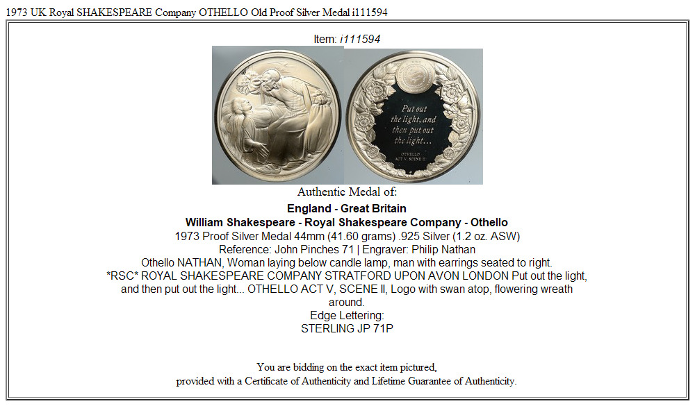 1973 UK Royal SHAKESPEARE Company OTHELLO Old Proof Silver Medal i111594