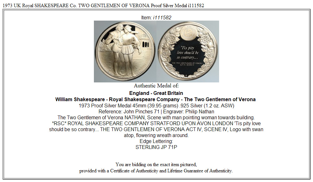 1973 UK Royal SHAKESPEARE Co. TWO GENTLEMEN OF VERONA Proof Silver Medal i111582