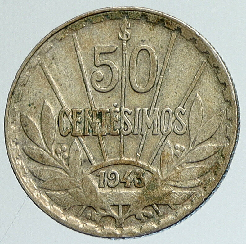 1943 URUGUAY Founding Father Hero ARTIGAS WWII Time Silver 50 Cent Coin i111620