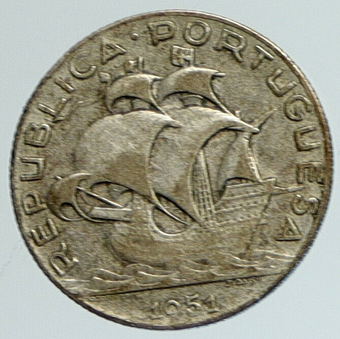 1951 PORTUGAL Sailing Boat SHIP Vintage OLD Silver 2 1/2 Escudos Coin i111624