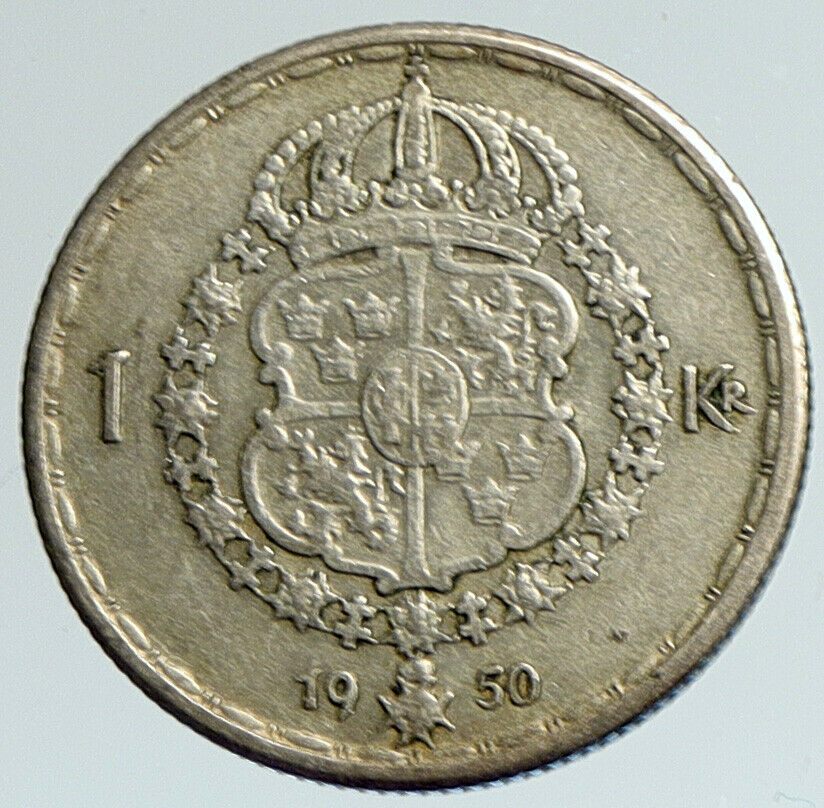 1950 Sweden GUSTAF V Crowned ARMS Antique Vintage OLD Silver Krona Coin i111618
