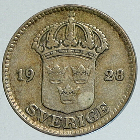 1928 Sweden GUSTAF V Crowned ARMS Antique OLD Vintage Silver 25 Ore Coin i111621