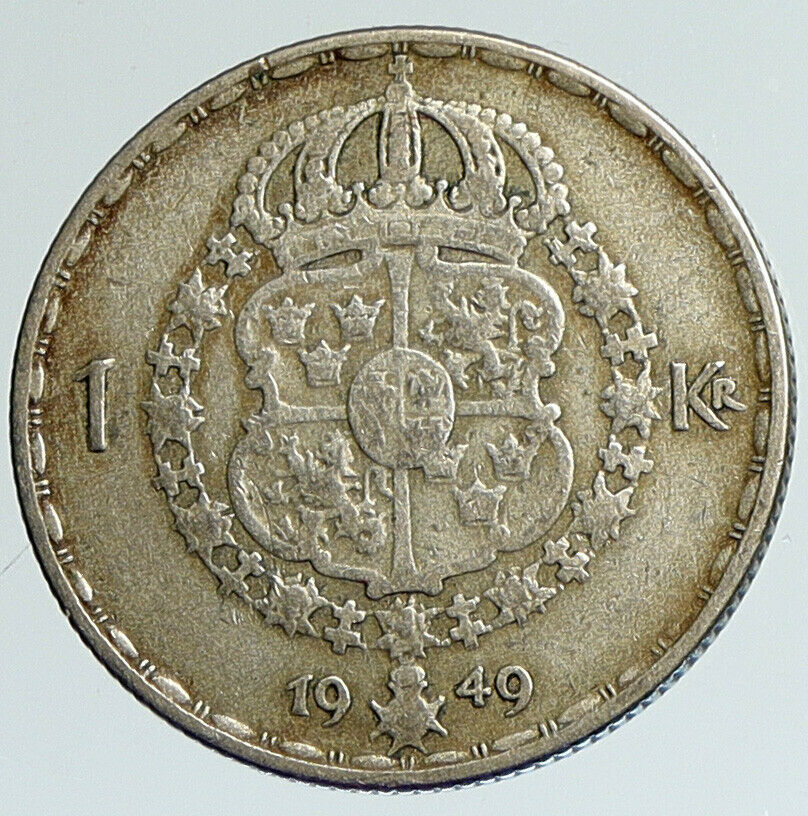 1949 Sweden GUSTAF V Crowned ARMS Antique Vintage OLD Silver Krona Coin i111619