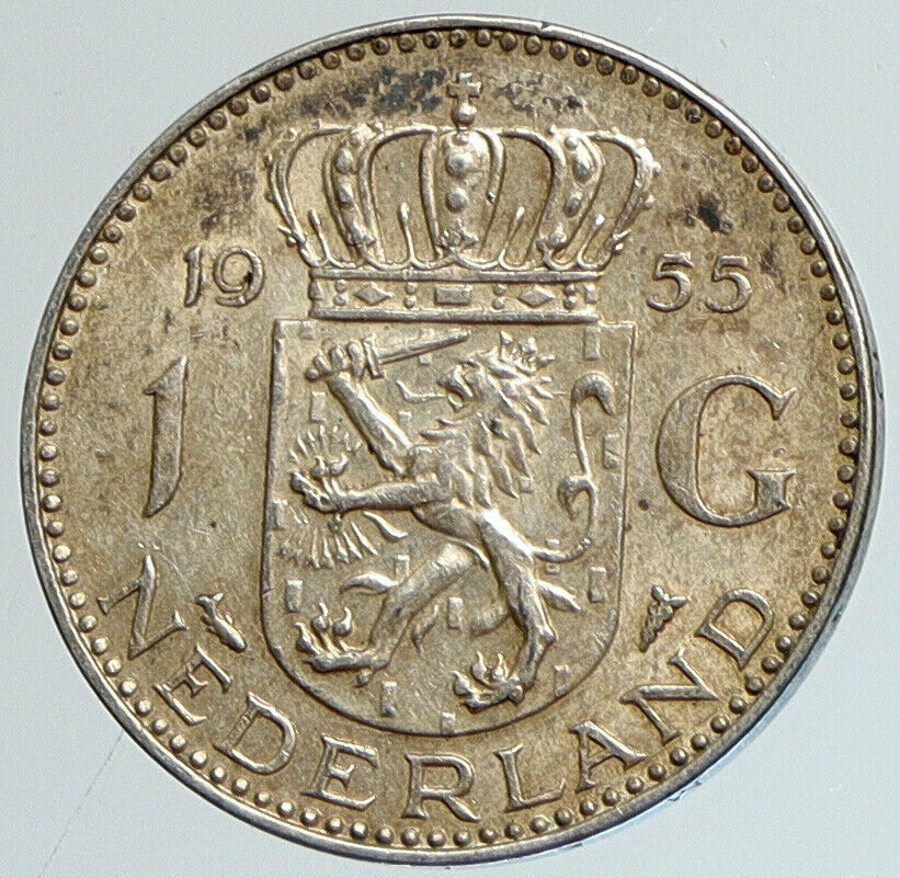 1955 Netherlands Kingdom Queen JULIANA I Gulden Authentic Silver Coin i111617