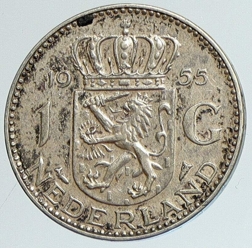 1955 Netherlands Kingdom Queen JULIANA I Gulden Authentic Silver Coin i111616