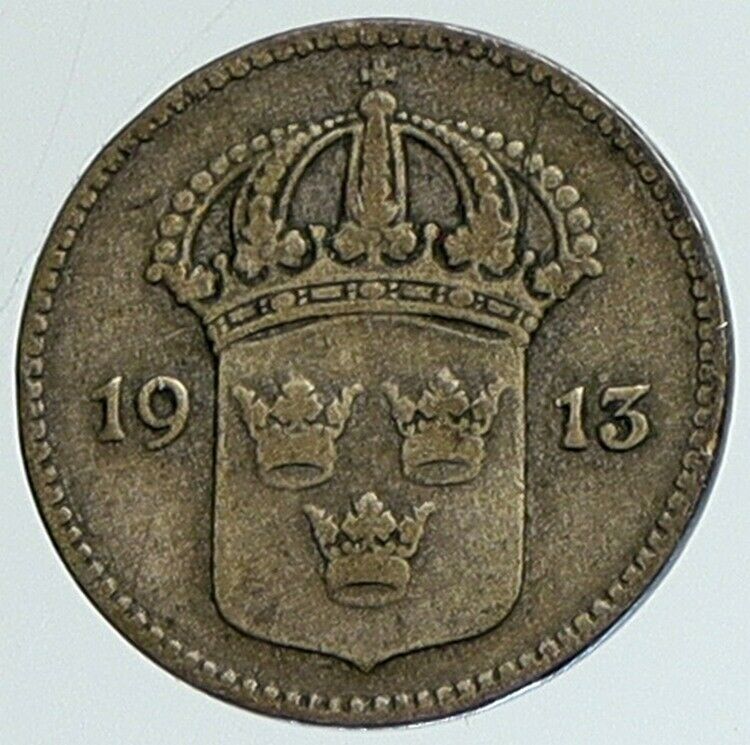 1913 Sweden GUSTAF V Crowned ARMS Antique OLD Vintage Silver 10 Ore Coin i111628