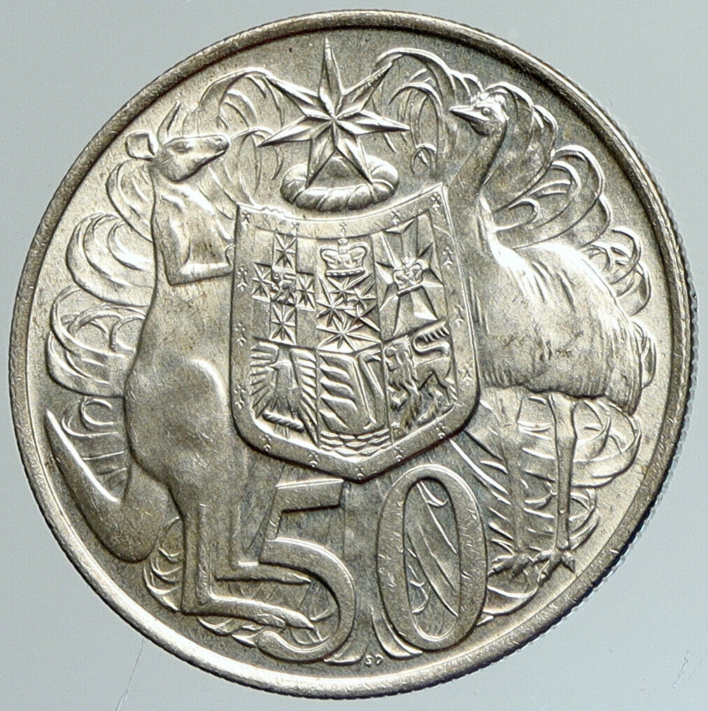 1966 AUSTRALIA UK Queen Elizabeth II with Kangaroos Silver 50 Cents Coin i111640